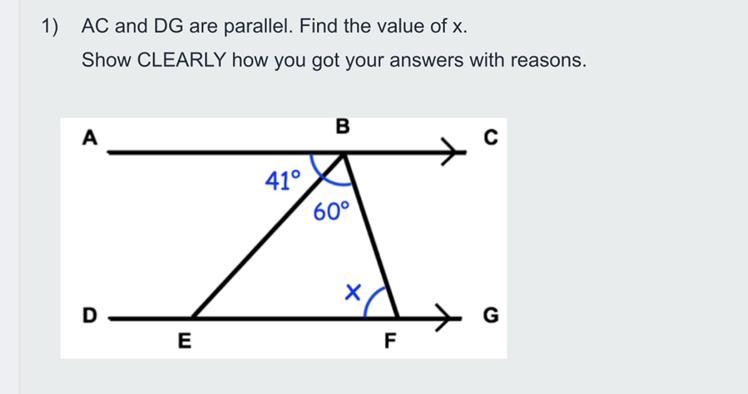 AC and DG are parallel. Find the value of x, show CLEARLY how you got your answers-example-1