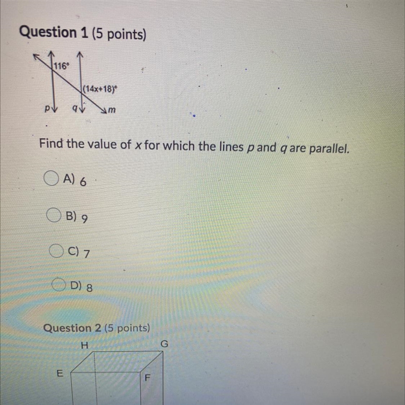 Find the value of x for which the lines p and q are parallel.-example-1