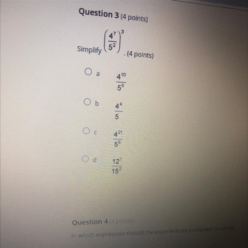 Question 3 (4 points) 3 52 Simplify (4 points) o 10 419 55 5% 127 15?-example-1