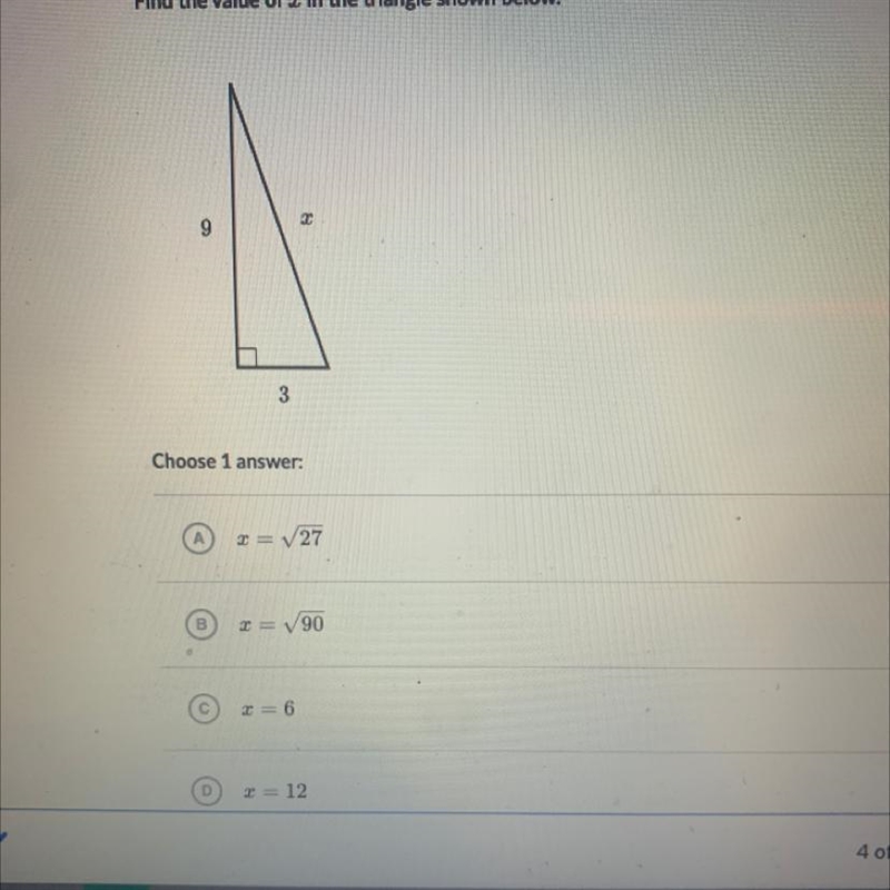 Find the value of x in the triangle shown below. 32 9 3 Choose 1 answer: <= V27 B-example-1