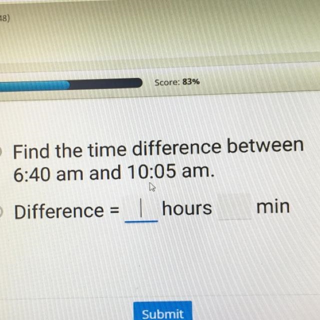 Find the time difference between 6:40 am and 10:05 am-example-1