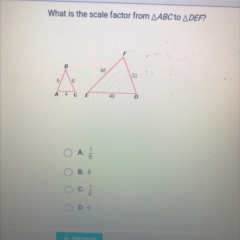 What is the scale factor from ABC to DEF? (20 points)-example-1