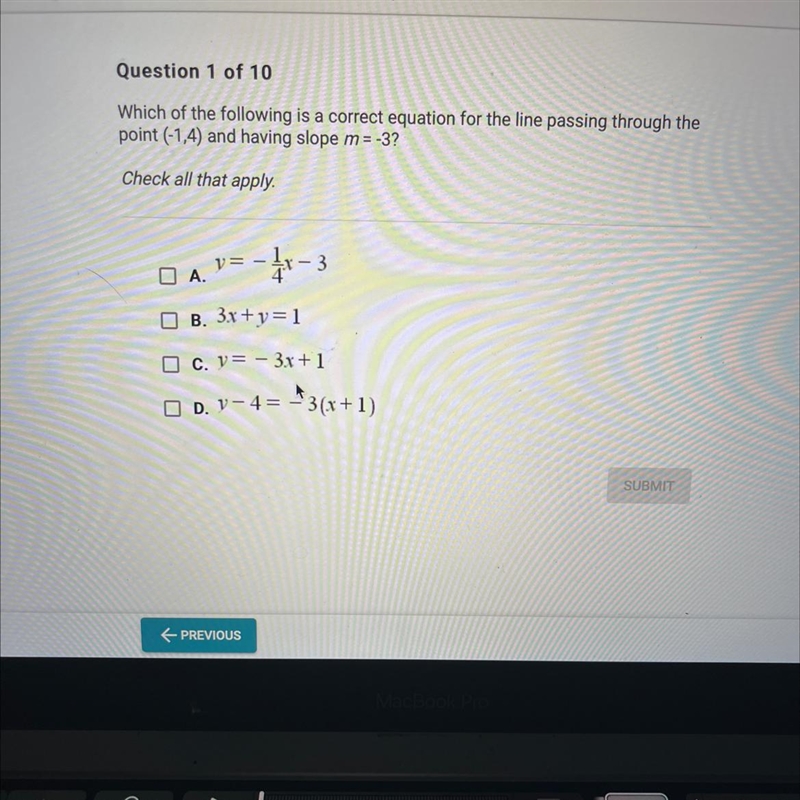 Which of the following is a correct equation for the line passing through the point-example-1