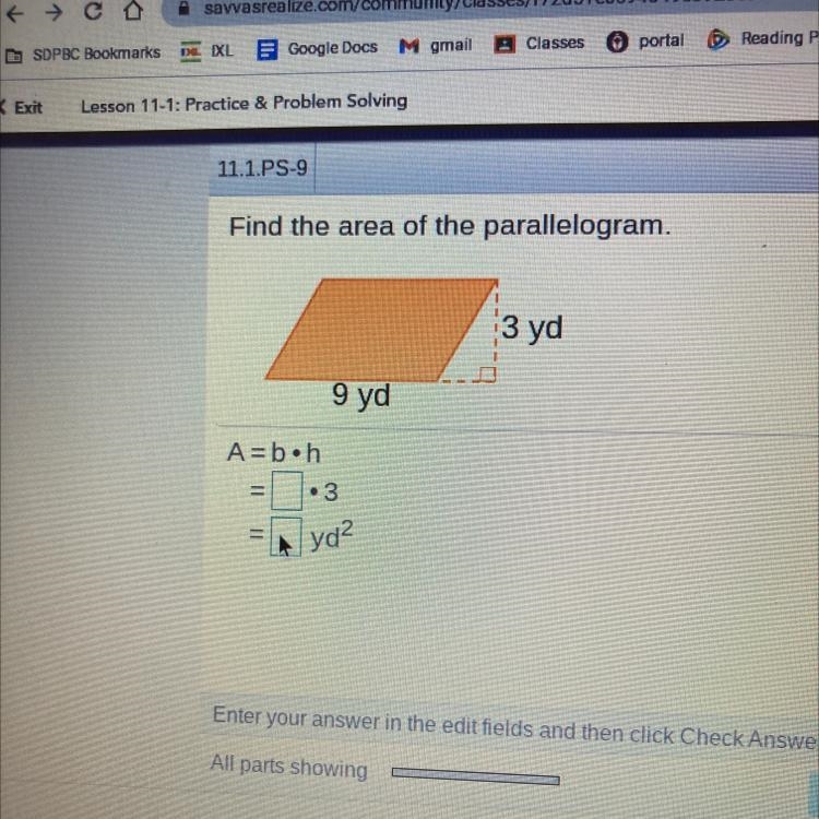 Find the area of the parallelogram. 3 yd 9 yd-example-1