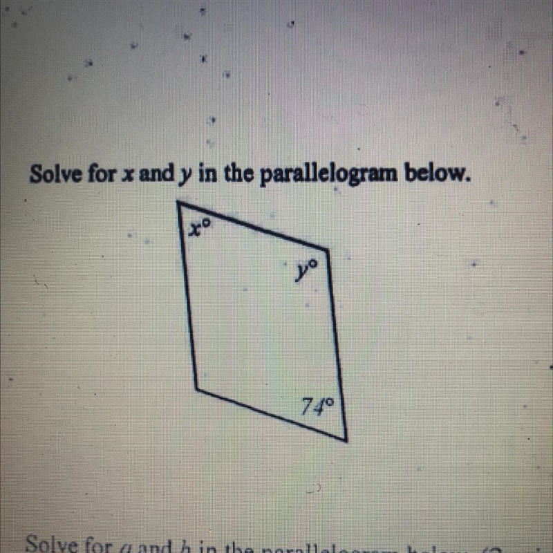 Solve for x and y in the parallelogram below.-example-1