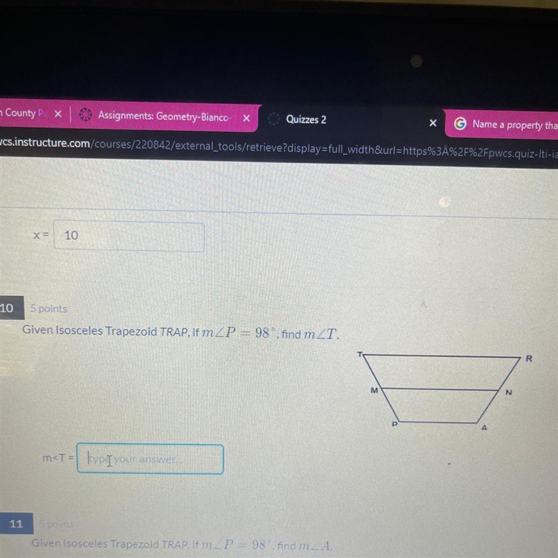 Given Isosceles Trapezoid TRAP, if mP=98, find mT-example-1