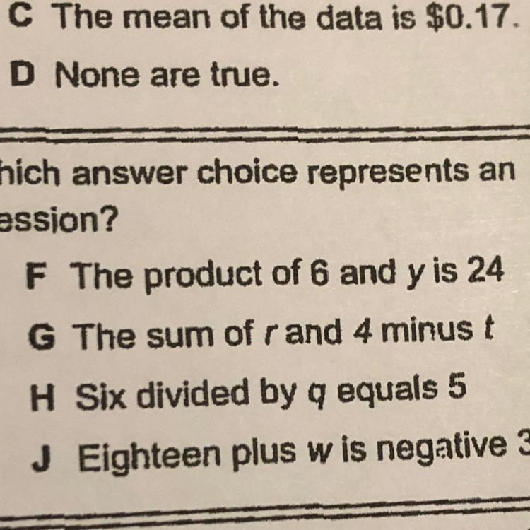 Which answer choice represents an expression?-example-1