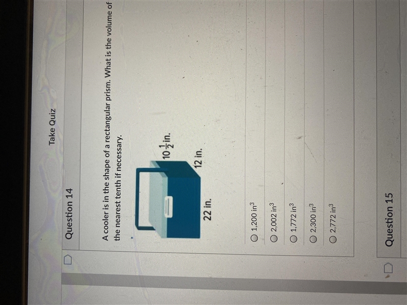 A cooler shape of a rectangular prism. What is the volume of the cooler? Round to-example-1