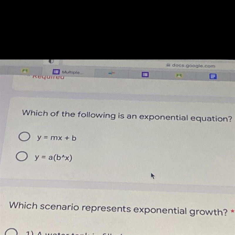 Which of the following is an exponential equation? y = mx + b y = a(b^x)-example-1