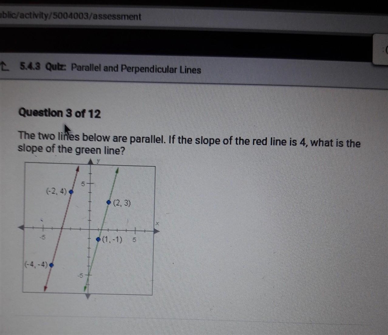 Questlon 3 of 12 The two lines below are parallel. If the slope of the red line is-example-1