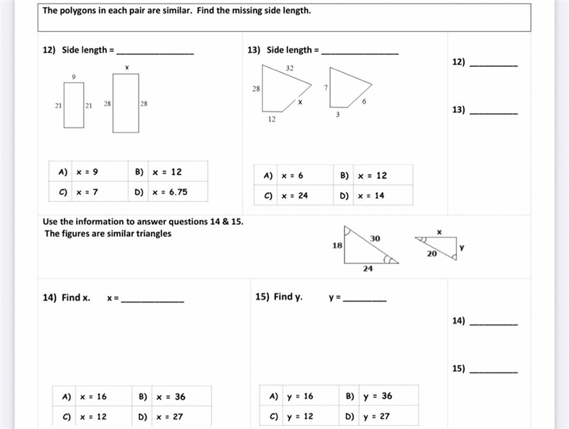 Find the side length for the missing side length of 12) and 13). And solve for x on-example-1