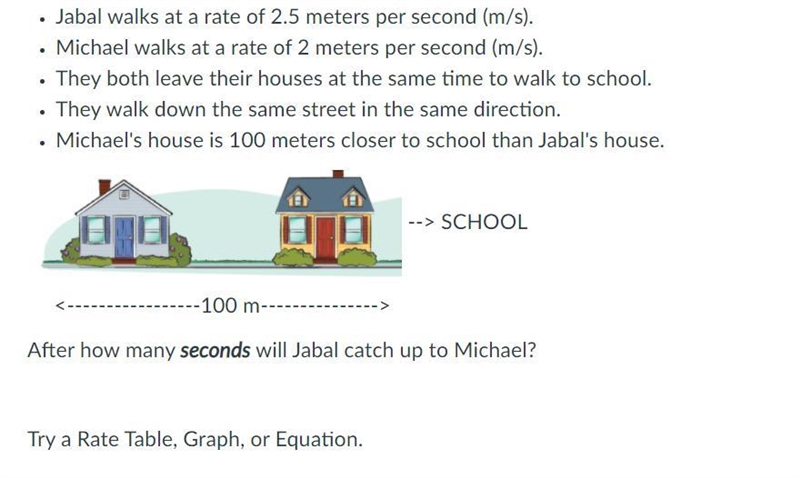 Jabal walks at a rate of 2.5 meters per second (m/s). Michael walks at a rate of 2 meters-example-1