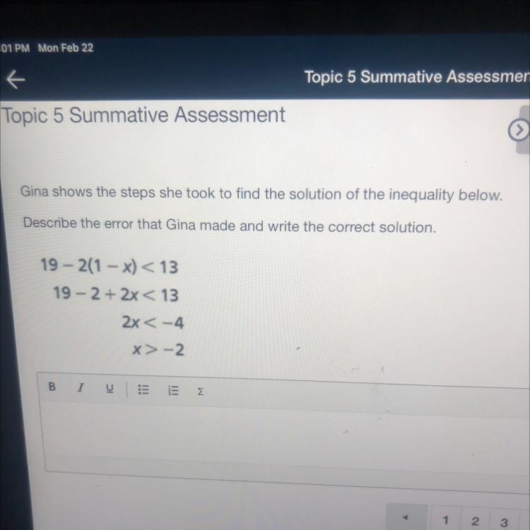 Gina shows the steps she took to find the solution of the inequality below. Describe-example-1