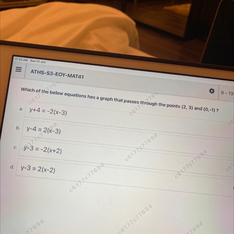 Which of below equations has a graph that passes through the points (2, 3) and (0,-1) ?-example-1