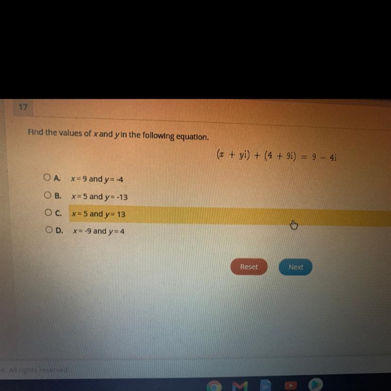 Find the values of X and why in the following equation. (x+yi)+(4+9i)=9-4i-example-1