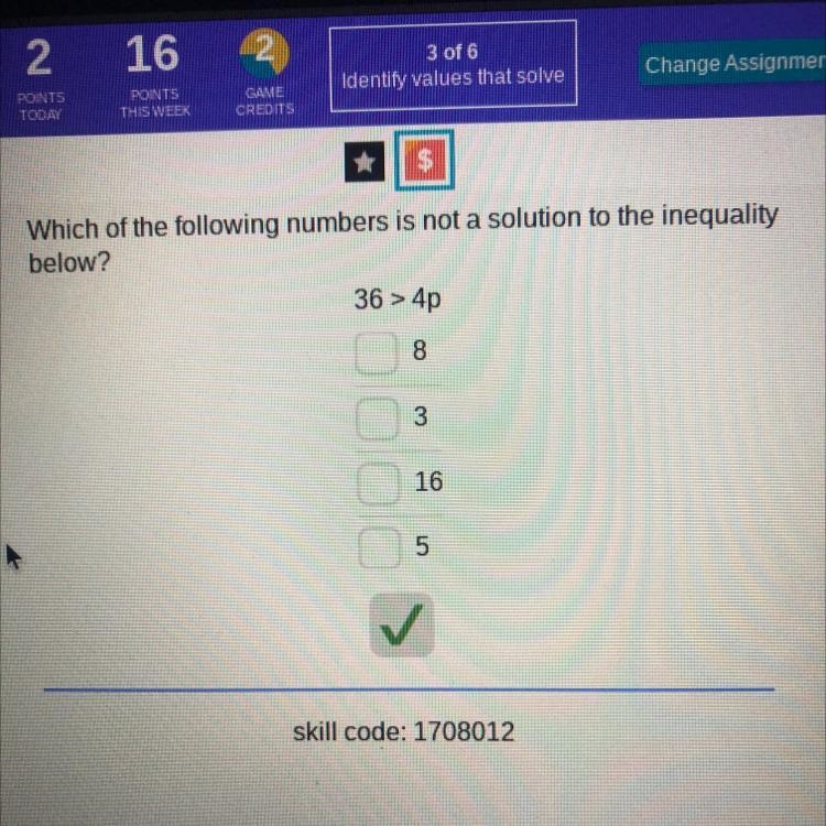 Which of the following numbers is not a solution to the inequality of 36>4p 8,3,16,5-example-1