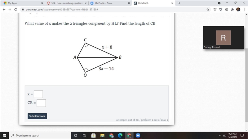 What value of x makes the 2 triangles congruent by HL? Find the length of CB-example-1