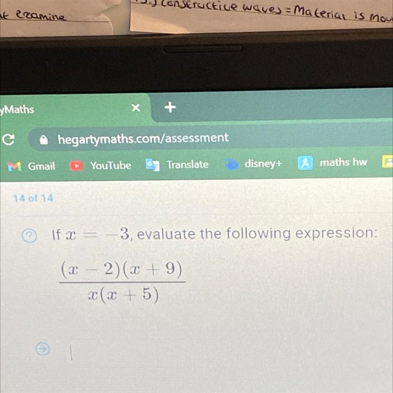 If x = -3 evaluate the following expression (x-2)(x+9) ________ x(x+5)-example-1