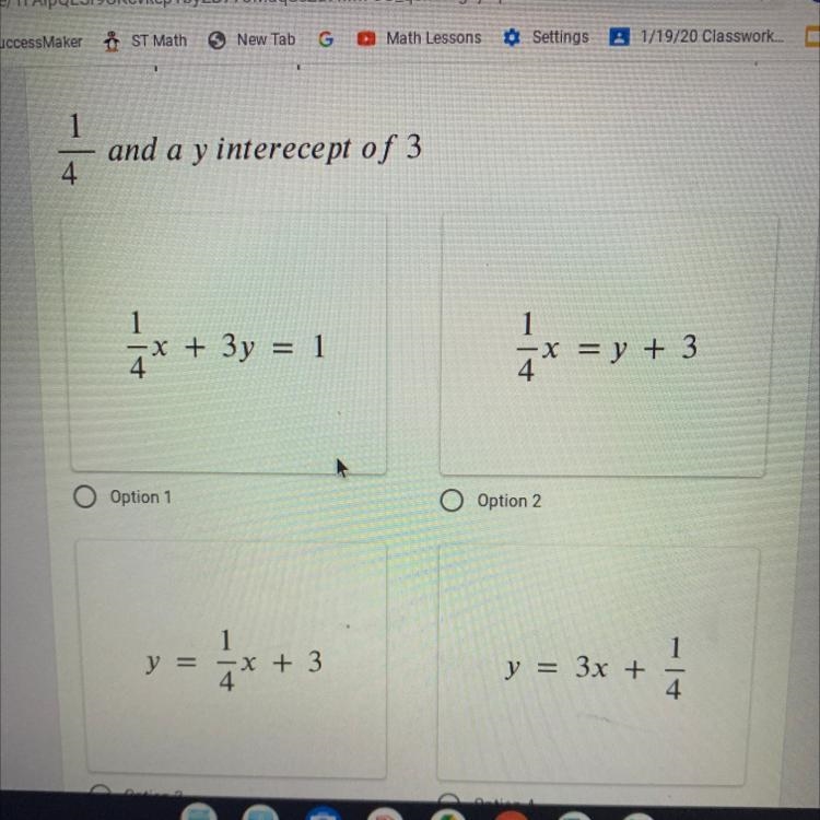 Which Equation has a slope of 1/4 and a y intercept of 3-example-1