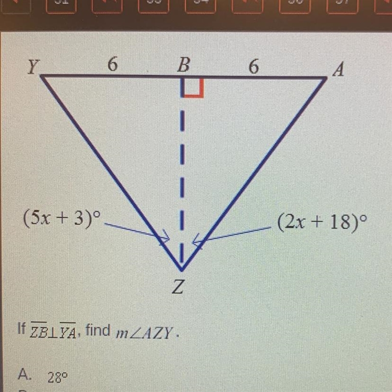 If ZBLYA, find m ZAZY. A. 28° B. 46° C. 56° D. 62°-example-1