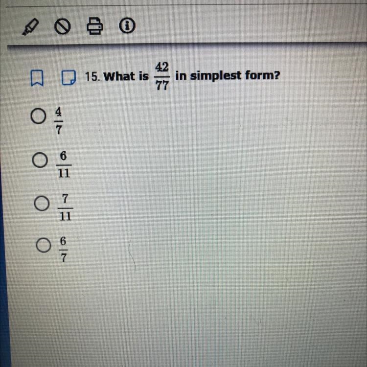 What is 42/77 in simplest form? 4/7 6/11 7/11 6/7-example-1