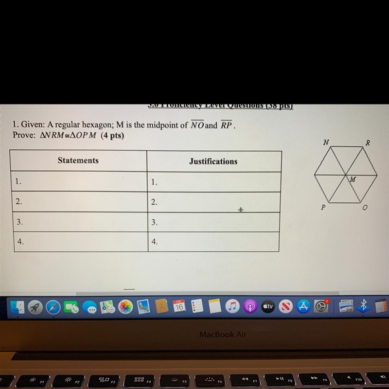 Given: A regular hexagon; M is the midpoint of angle NO and RP. Prove: Angle NRM = Angle-example-1