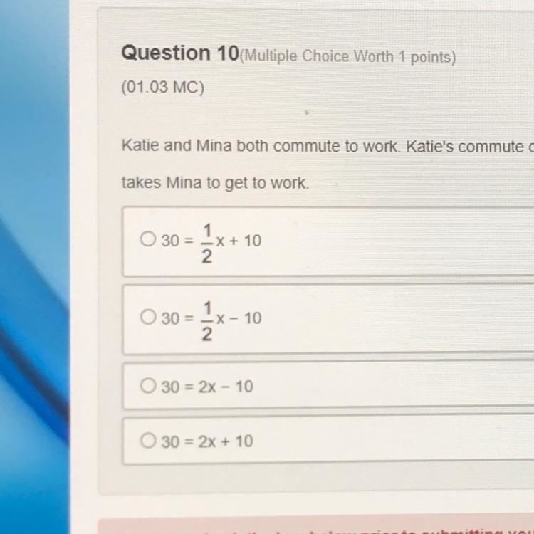 Katie and mina both commute to work. Katie's commute on train takes 10 minutes more-example-1