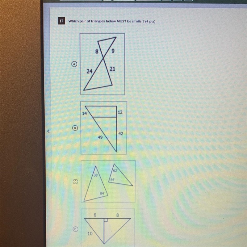 Which pair of triangles below MUST be similar?-example-1