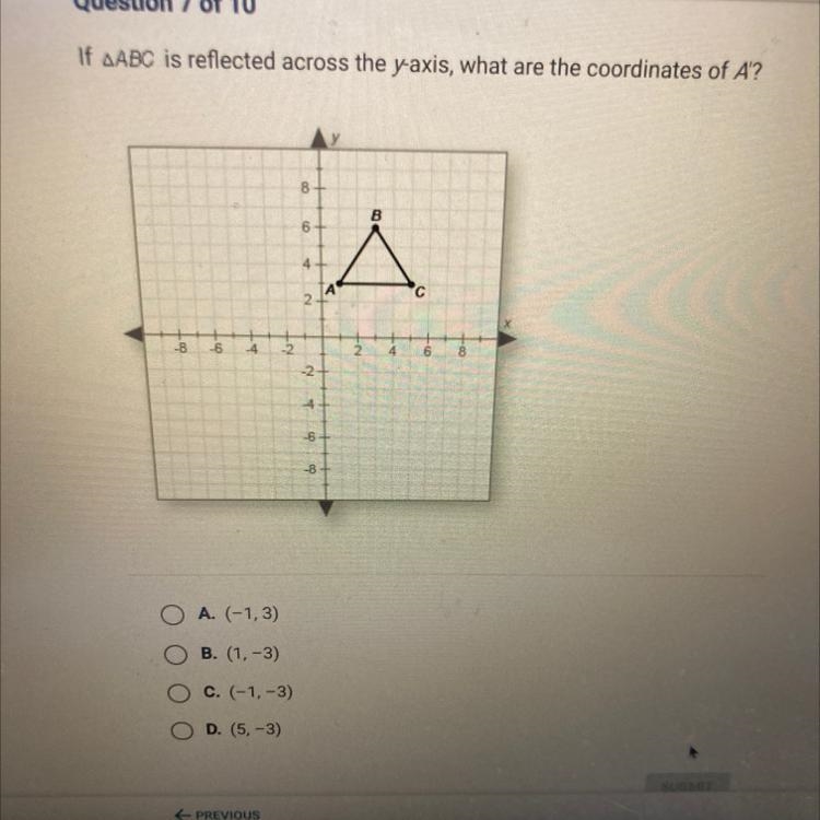 If AABC IS REFLECTED across the y axis what are the coordinates of A-example-1