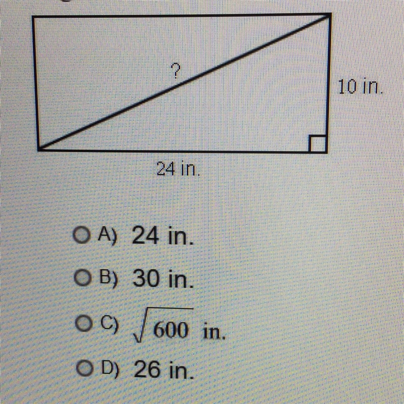 Help! A suitcase is 24 inches long and 10 inches high. What is the diagonal length-example-1