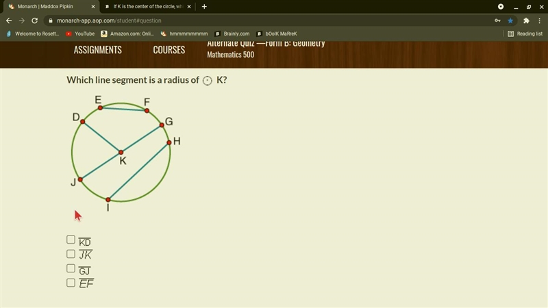 Which line segment is a radius of K?-example-1