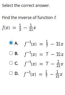 Select the correct answer. Find the inverse of function f.-example-1