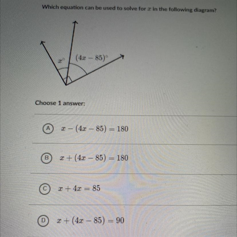 Which equation can be used to solve for x in the following diagram? (4x - 85) Choose-example-1