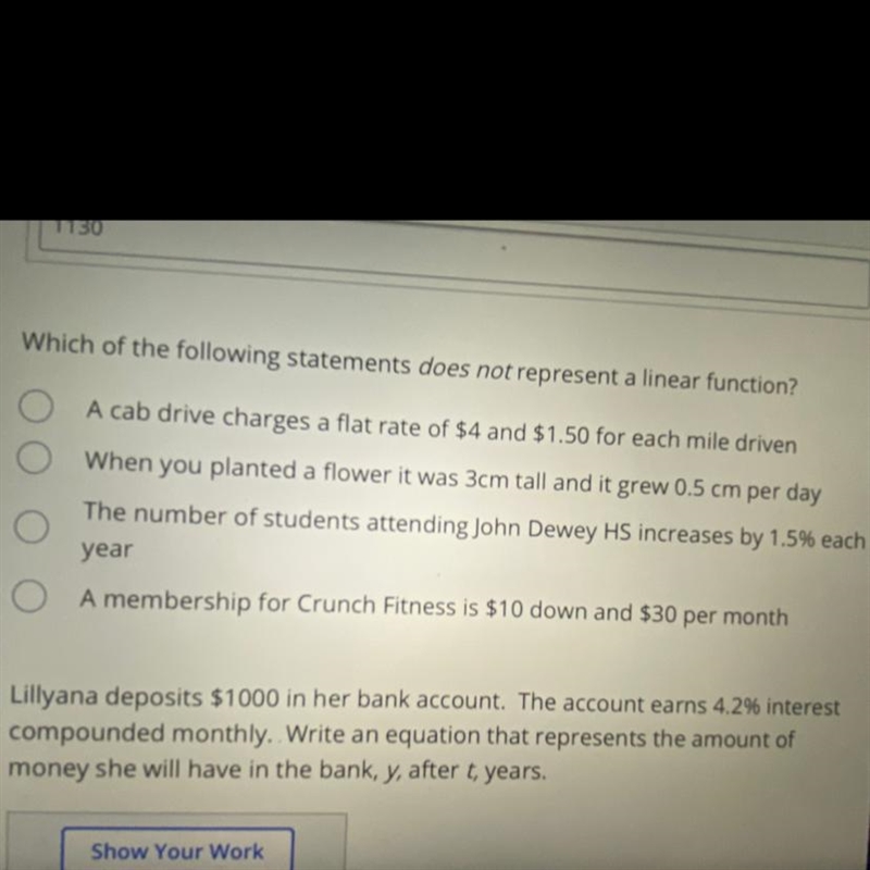 Which of the following statements does not represent a linear function?-example-1