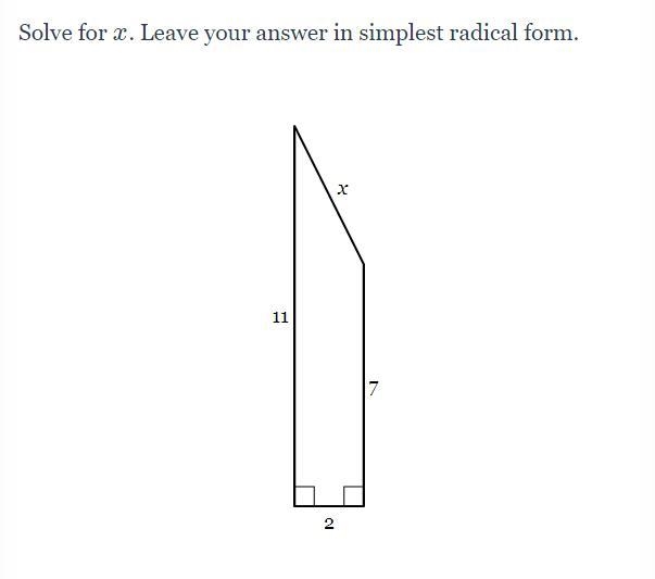 Solve for x. Leave your answer in the simplest radical form.-example-1