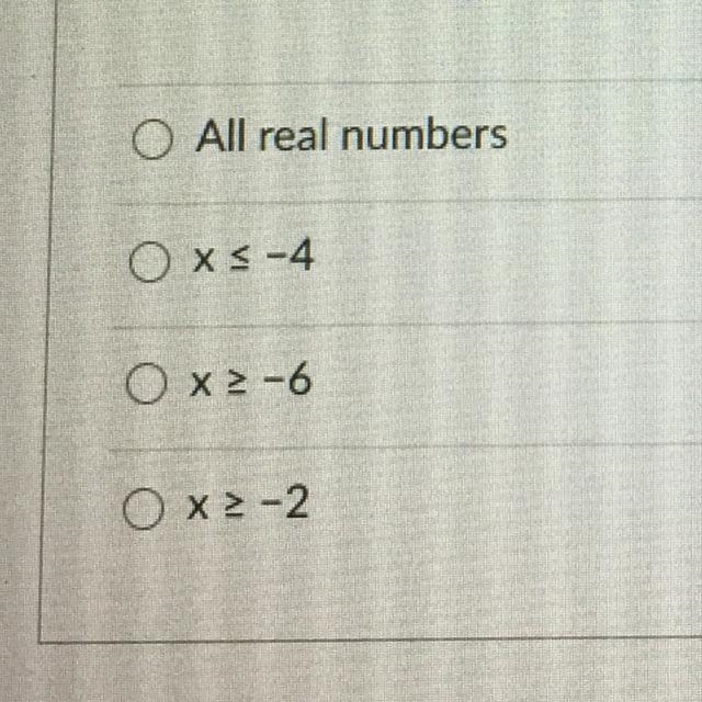 Identify the domain of the graph of y = -x2 - 6x – 13. O All real numbers O x _&lt-example-1