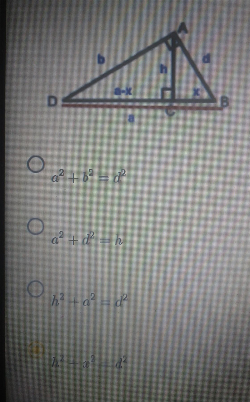 Use the figure on the Pythagorean theorem to write an equation relating H, D and x-example-1