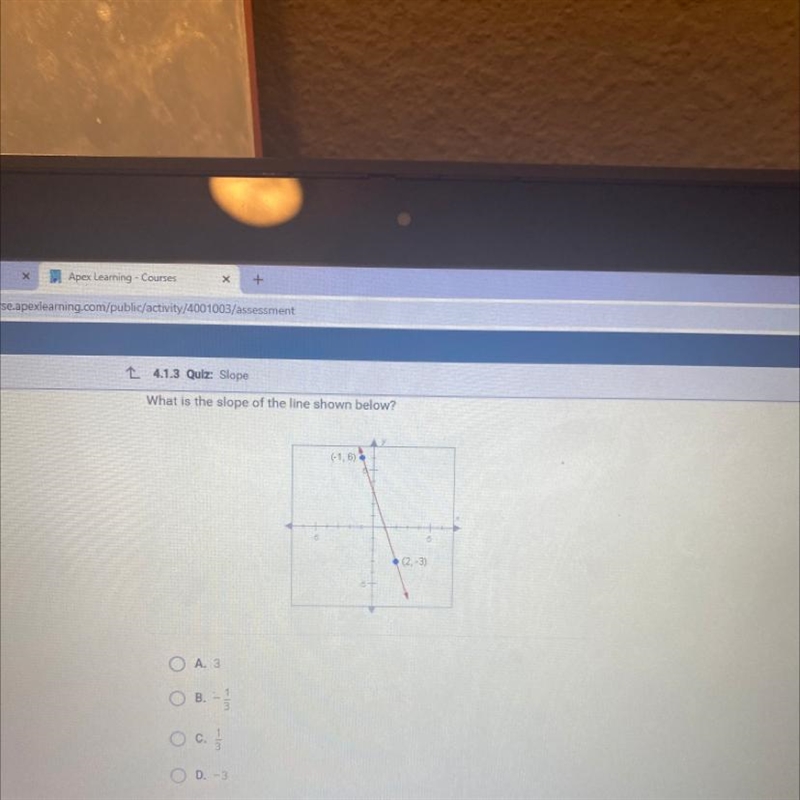 What is the slope of the line shown below? (-1,6) (2,-3) O A. 3 B. - Oc. O D.-3 PREVIOUS-example-1