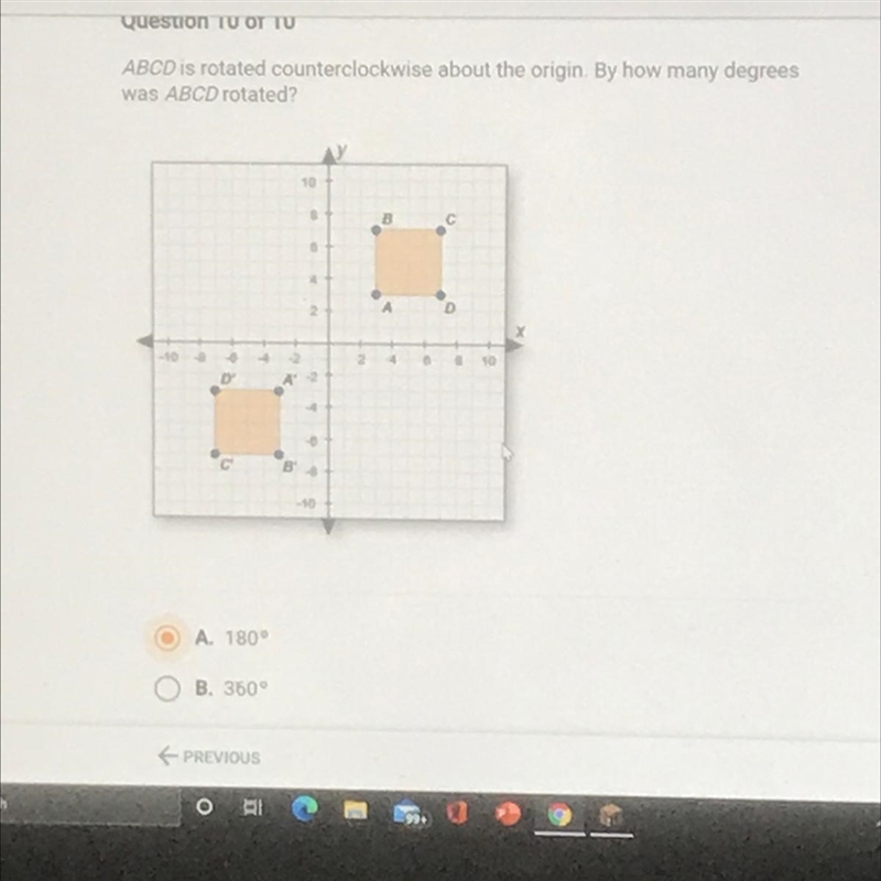 HELP PLEASE!! ABCD is rotated counterclockwise about the origin. By how many degrees-example-1