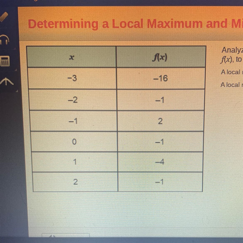 Determining a Local Maximum and Minimum Analyze the table of values for the continuous-example-1