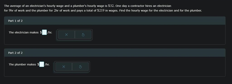 The average of an electrician's hourly wage and a plumber's hourly wage is $32.00. One-example-1