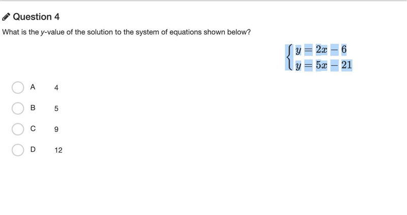 What is the answer? {y=2x−6 y=5x−21-example-1