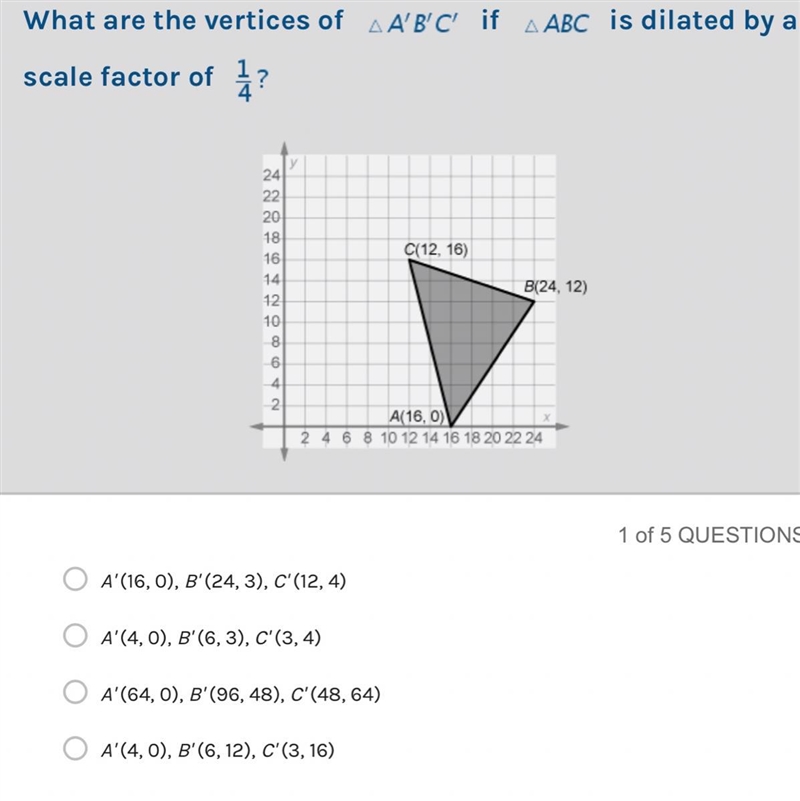 What are the vertices of triangle A'B'C' if triangle ABC is dilated by a scale factor-example-1