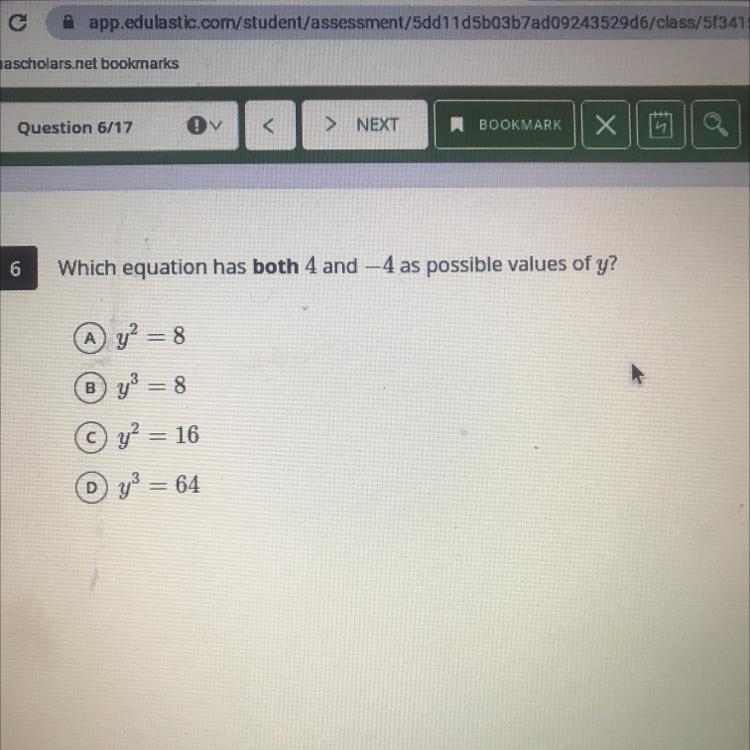 Which equation has both 4 and -4 as possible values of y?-example-1