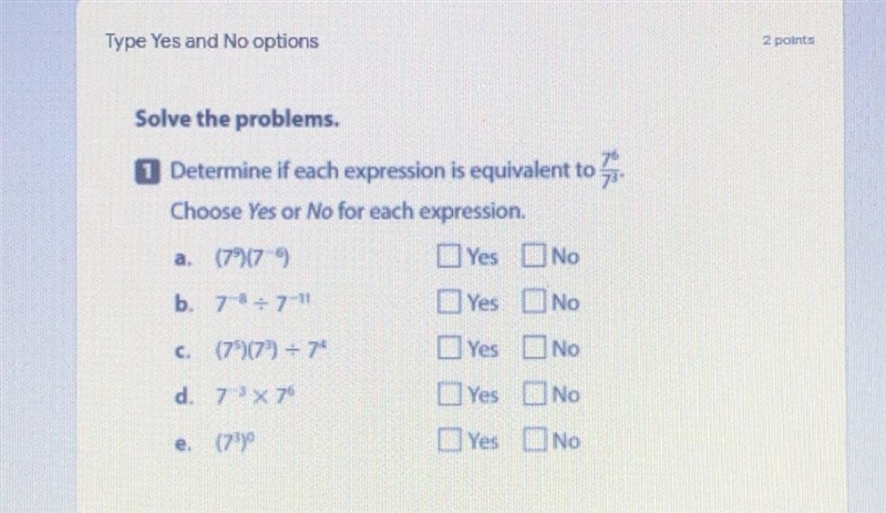 Determine if each expression is equivalent to 6 3 7 / 7 Choose Yes or No for each-example-1