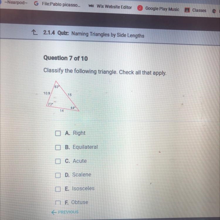 Question 7 of 10 Classify the following triangle. Check all that apply. 109 15 14 D-example-1