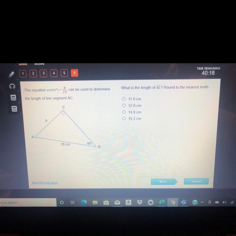 B The equation sin(40°) = can be used to determine 20 the length of line segment AC-example-1