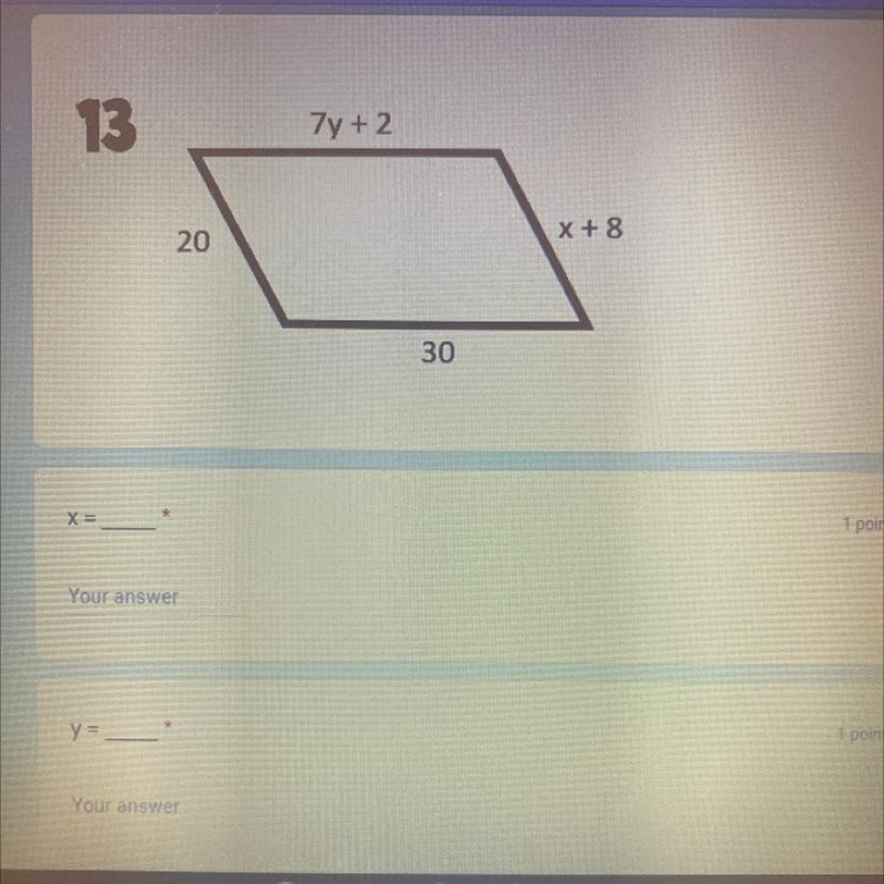 Find the value of x and y in each parallelogram shown below.-example-1