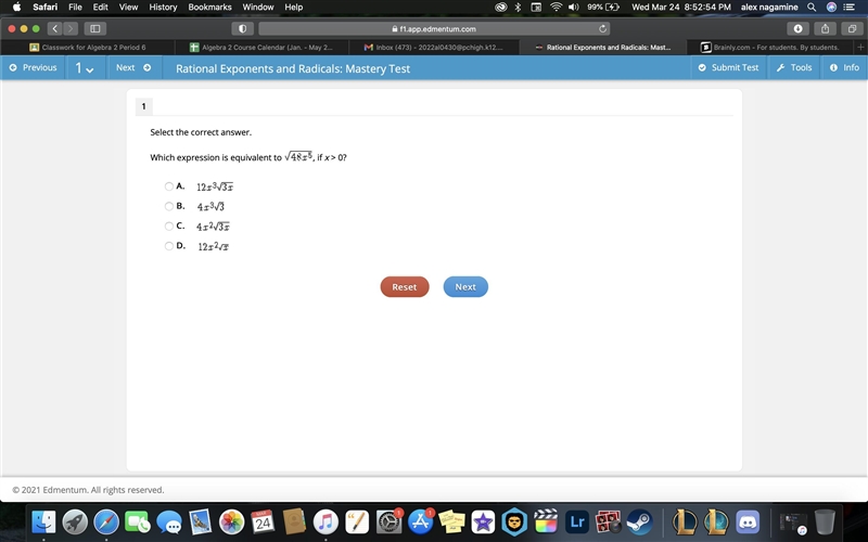 Which expression is equivalent to sqrt48x^5 if x>0-example-1