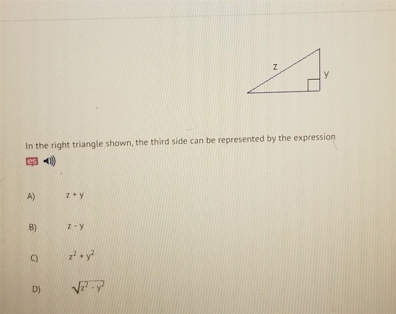 In the right triangle shown, the third side can be represented by the expression ) es-example-1